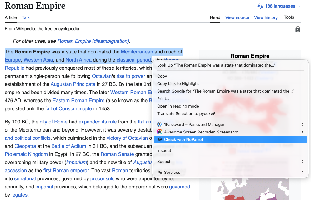 A Wikipedia article with a paragraph selected and the right-click menu showing Check with NoParrot