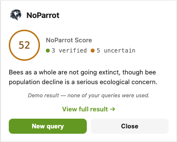 NoParrot extension popup showing a 52 NoParrot Score with 3 verified and 5 uncertain claims